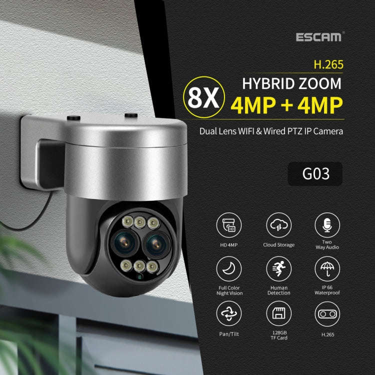 ESCAM G03 2x4MP Dual Lens Zoom 8X Dual Light Source WiFi Camera Support Two-way Voice & Motion De...