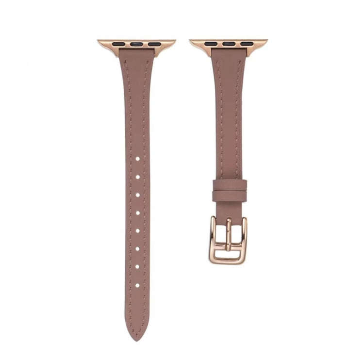 For Apple Watch SE 44mm T-shaped Slim Genuine Leather Watch Band(Light Brown)