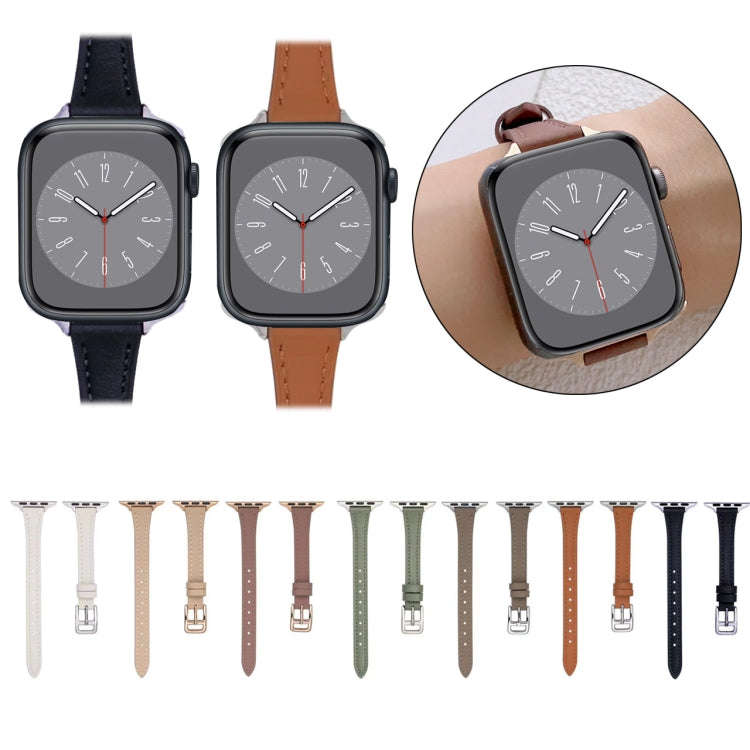 For Apple Watch Series 7 45mm T-shaped Slim Genuine Leather Watch Band(Dark Brown)