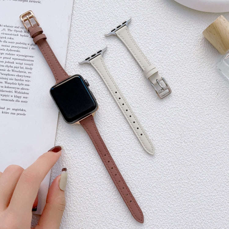 For Apple Watch Series 7 45mm T-shaped Slim Genuine Leather Watch Band(Dark Brown)