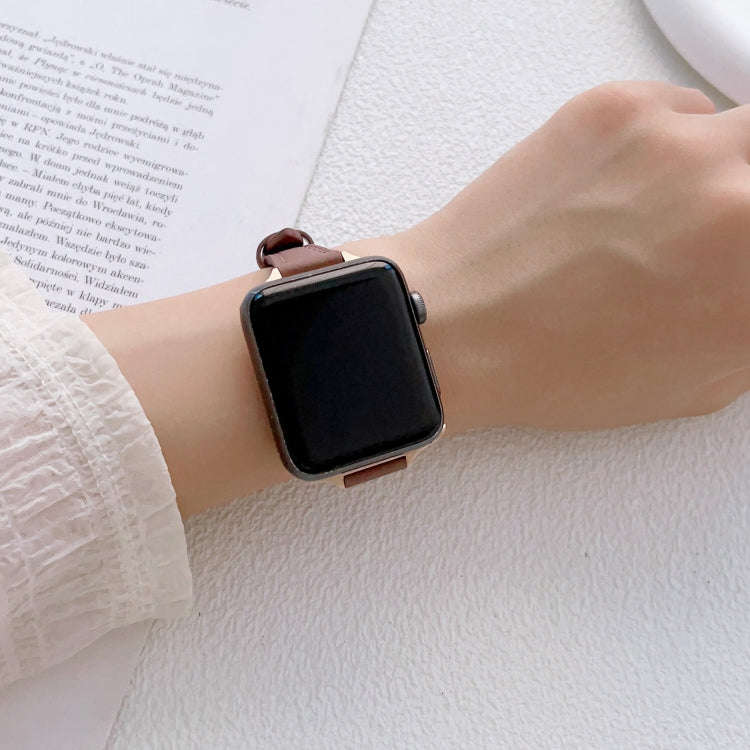 For Apple Watch Series 7 45mm T-shaped Slim Genuine Leather Watch Band(Dark Brown)