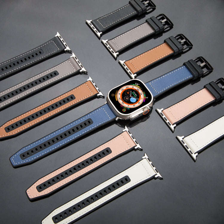 For Apple Watch Series 3 42mm Hybrid Leather Silicone Watch Band(Grey)