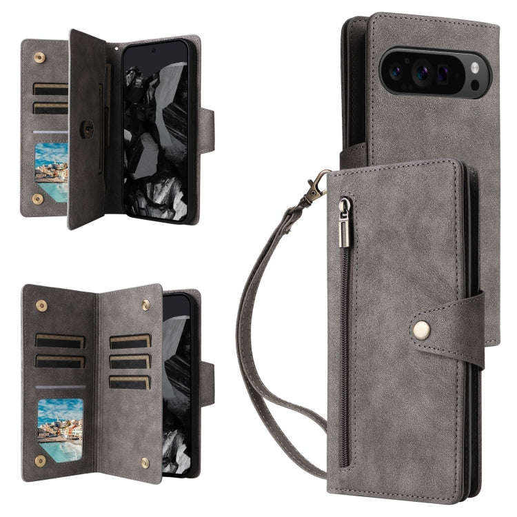 For Google Pixel 9 Pro Rivet Buckle 9 Cards Three Fold Leather Phone Case(Grey)