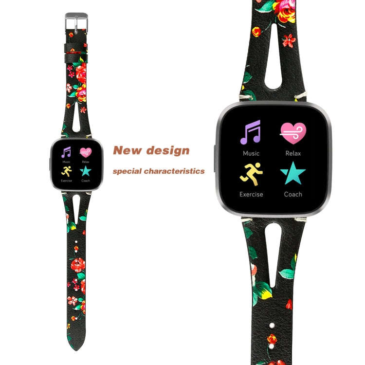 For Fitbit Versa 2 Leather Middle Opening Watch Band(Black Safflower)