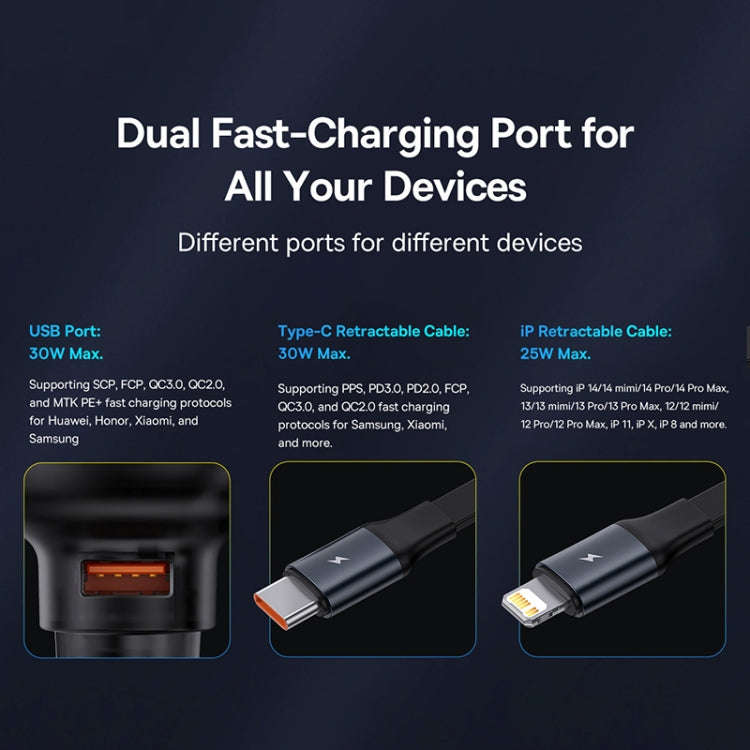 Baseus Tuxiang Pro 60W 3 in 1 USB+8 Pin+Type-C Interface Car Charger(Black)