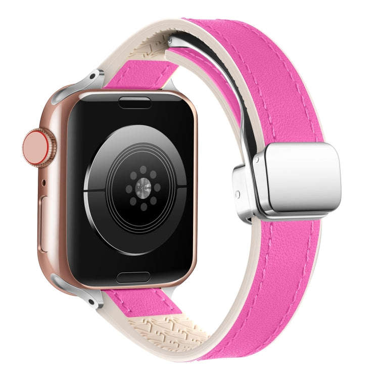 For Apple Watch Series 7 41mm Magnetic Folding Leather Silicone Watch Band(Rose Red)