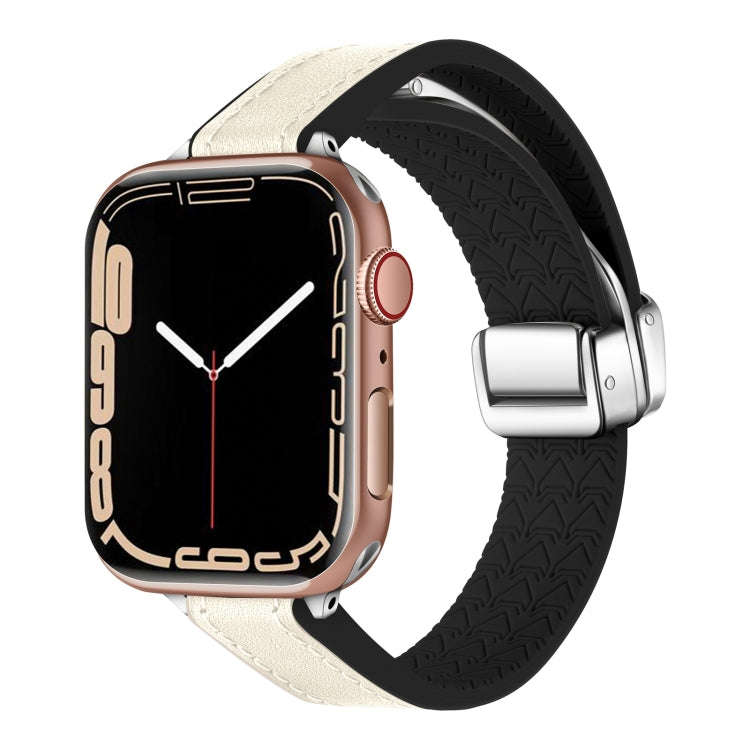 For Apple Watch Series 6 40mm Magnetic Folding Leather Silicone Watch Band(Starlight White)