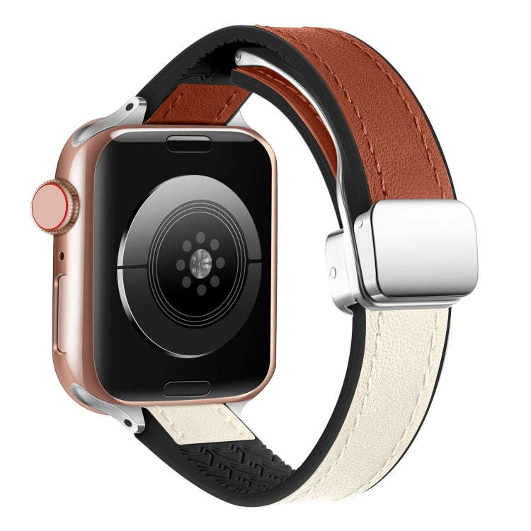 For Apple Watch 42mm Magnetic Folding Leather Silicone Watch Band(Starlight Brown)