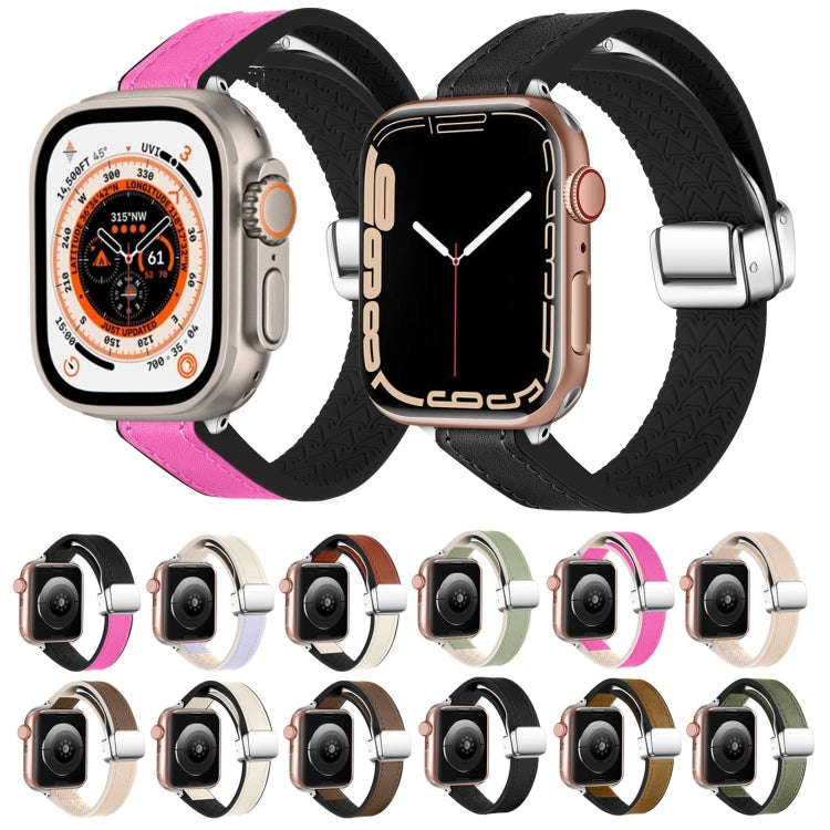 For Apple Watch 42mm Magnetic Folding Leather Silicone Watch Band(Starlight Brown)