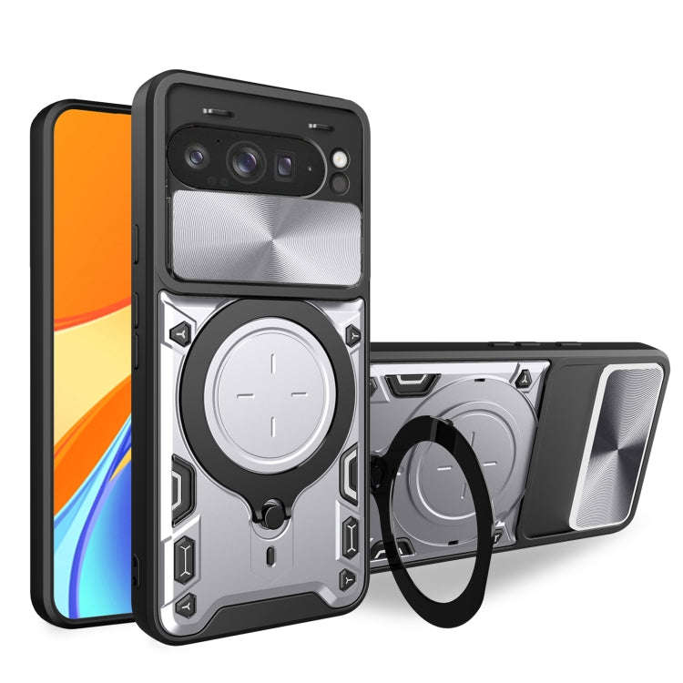 For Google Pixel 9 Pro XL CD Texture Sliding Camshield Magnetic Holder Phone Case(Silver)