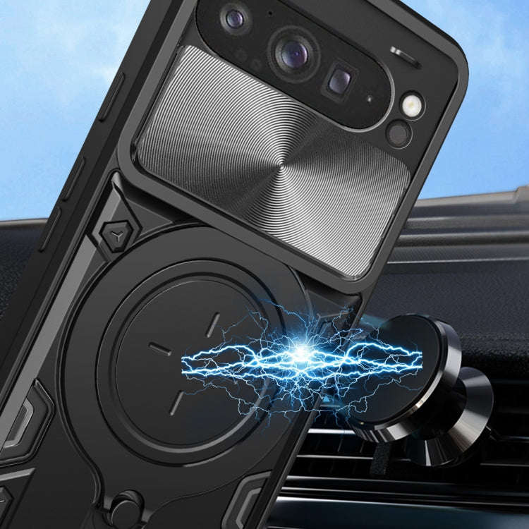 For Google Pixel 9 Pro XL CD Texture Sliding Camshield Magnetic Holder Phone Case(Purple)