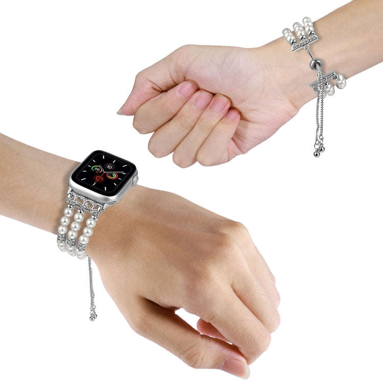For Apple Watch Series 7 41mm Beaded Pearl Retractable Chain Watch Band(White)