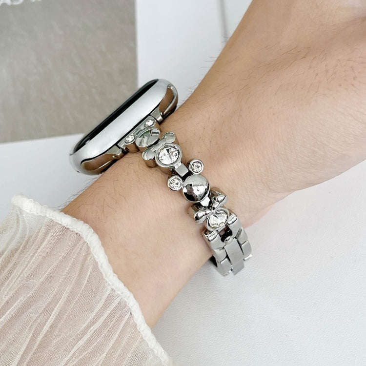 For Apple Watch Series 6 44mm Metal Diamond Bear Chain Watch Band(Silver)