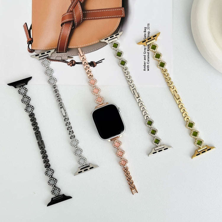 For Apple Watch Series 7 41mm Diamond Four-leaf Clover Metal Chain Watch Band(Silver)