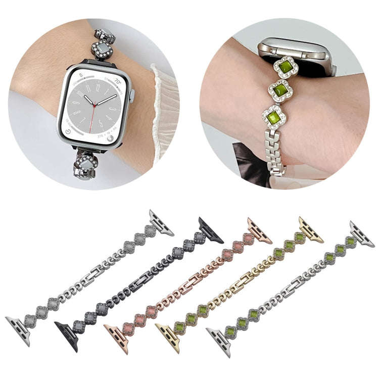 For Apple Watch Series 7 41mm Diamond Four-leaf Clover Metal Chain Watch Band(Silver)