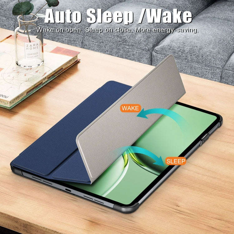For OnePlus Pad Pro / Pad 2 Custer Solid Color 3-fold Holder Smart Leather Tablet Case(Dark Blue)