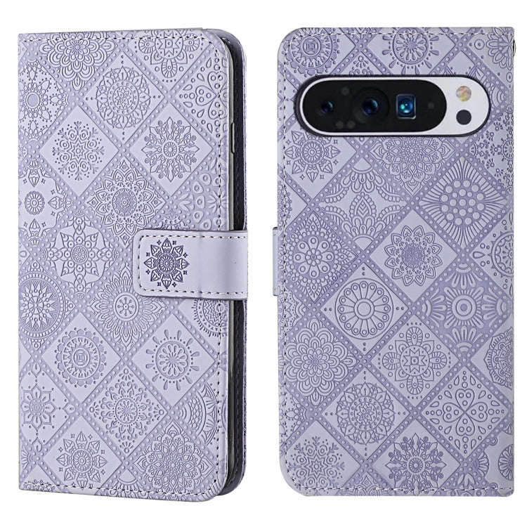 For Google Pixel 9 Pro XL Ethnic Style Embossed Pattern Leather Phone Case(Purple)