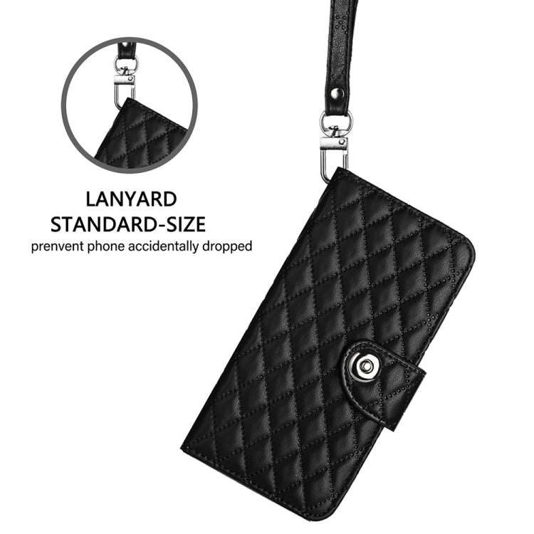 For Motorola Moto E14 Rhombic Texture Flip Leather Phone Case with Lanyard(Black)