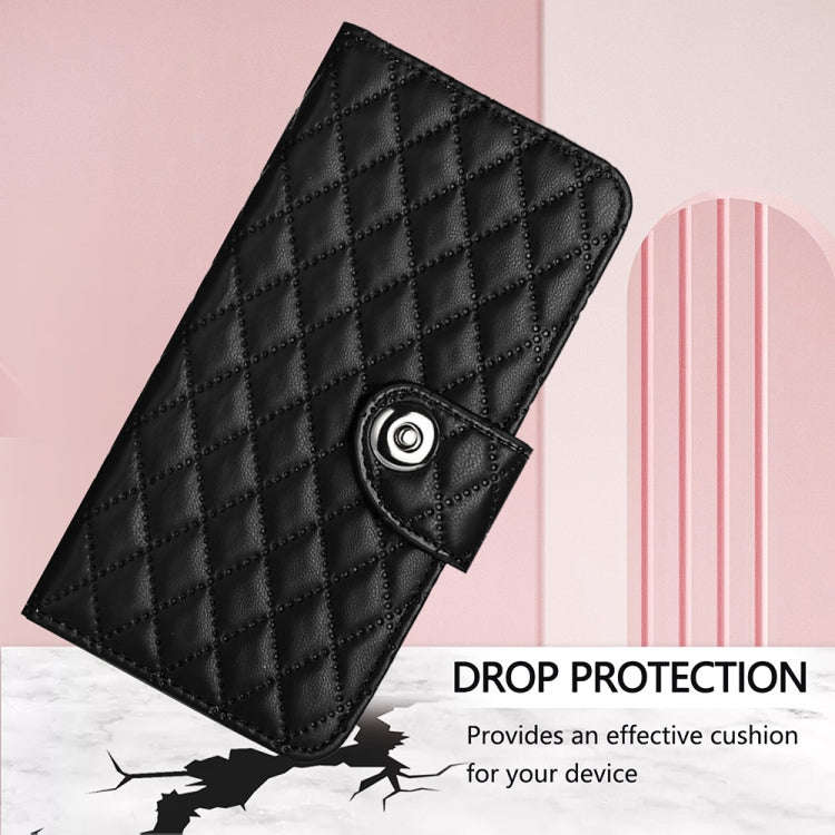 For Motorola Moto E14 Rhombic Texture Flip Leather Phone Case with Lanyard(Black)