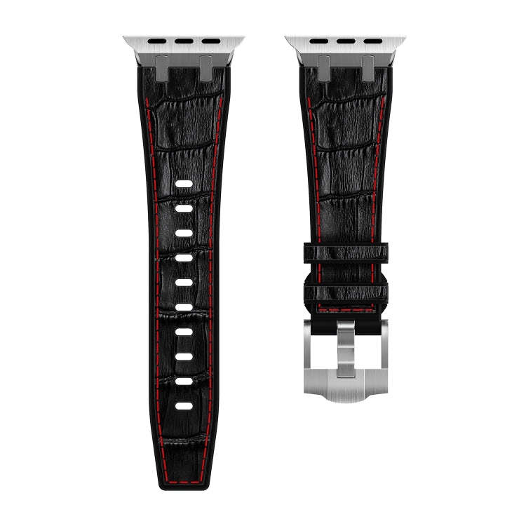 For Apple Watch Series 7 41mm Crocodile Texture Liquid Silicone Watch Band(Silver Red Black)