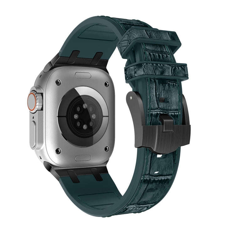 For Apple Watch Series 7 45mm Crocodile Texture Liquid Silicone Watch Band(Black Deep Green)