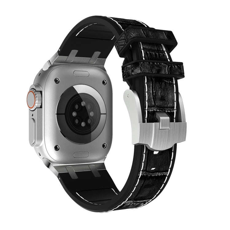 For Apple Watch Series 7 45mm Crocodile Texture Liquid Silicone Watch Band(Silver White Black)