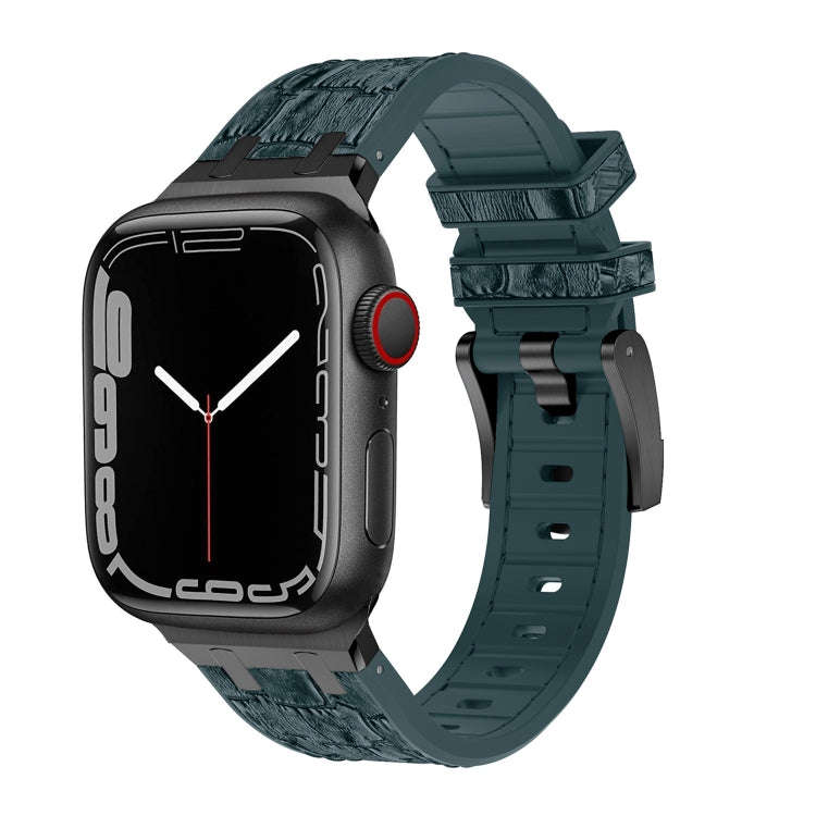 For Apple Watch Series 6 44mm Crocodile Texture Liquid Silicone Watch Band(Black Deep Green)