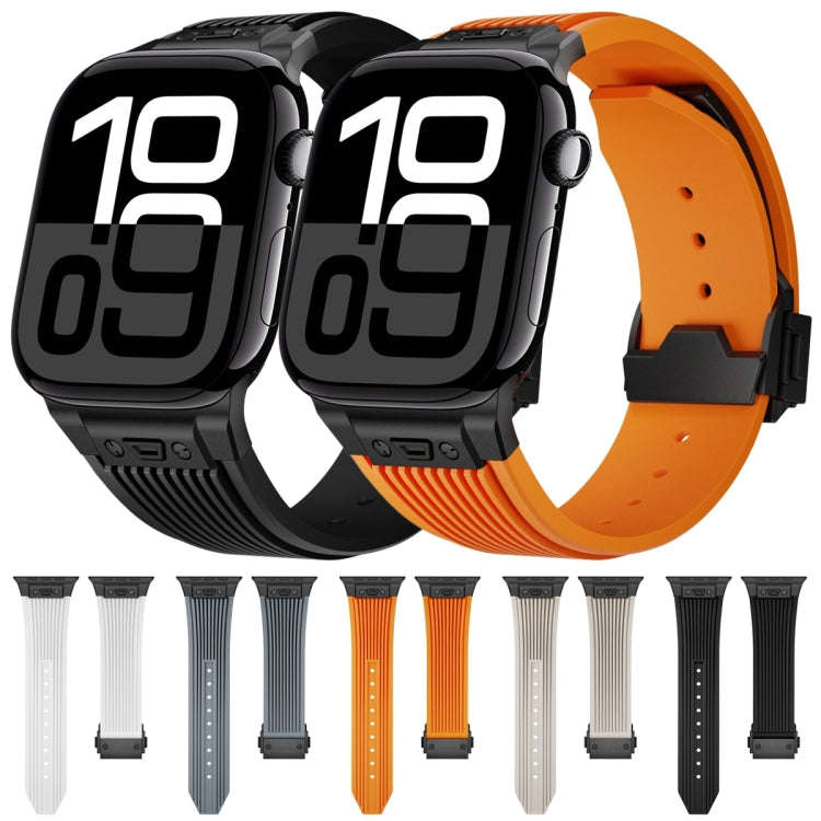For Apple Watch Series 6 44mm Vertical Texture Black Buckle Elastic Silicone Watch Band(Orange)