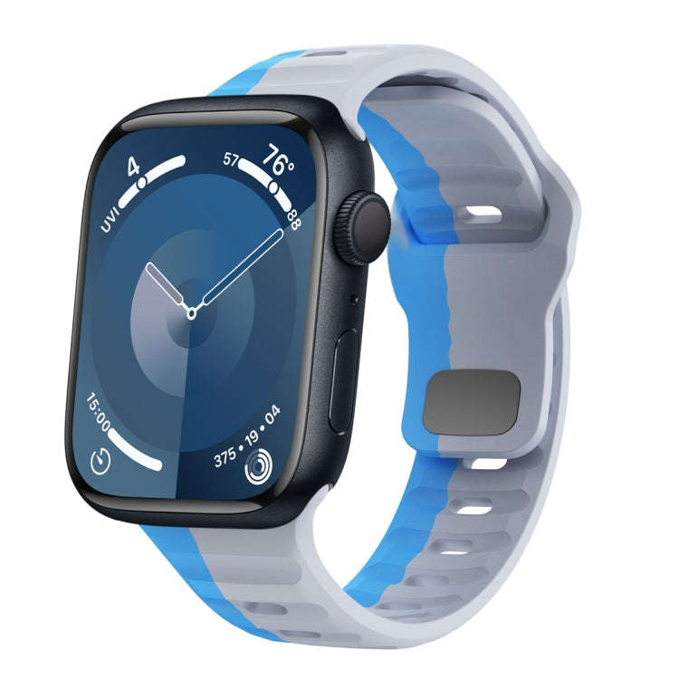 For Apple Watch Series 9 41mm Wave Texture Reverse Buckle Silicone Watch Band(Grey Blue)