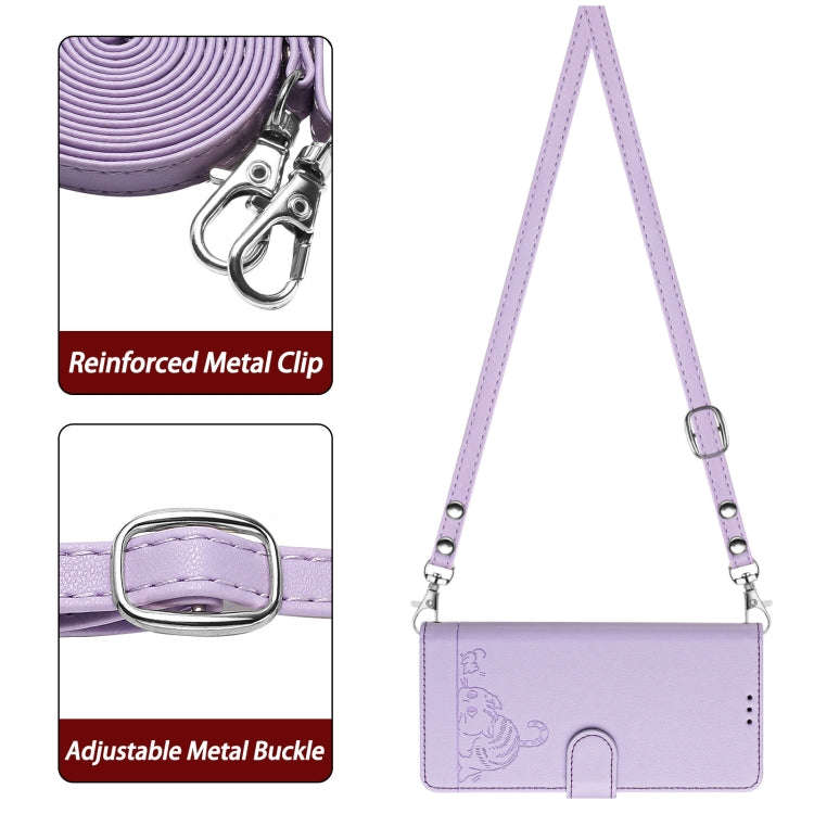 For TCL 30Z T602DL Cat Rat Embossed Pattern RFID Leather Phone Case with Lanyard(Purple)