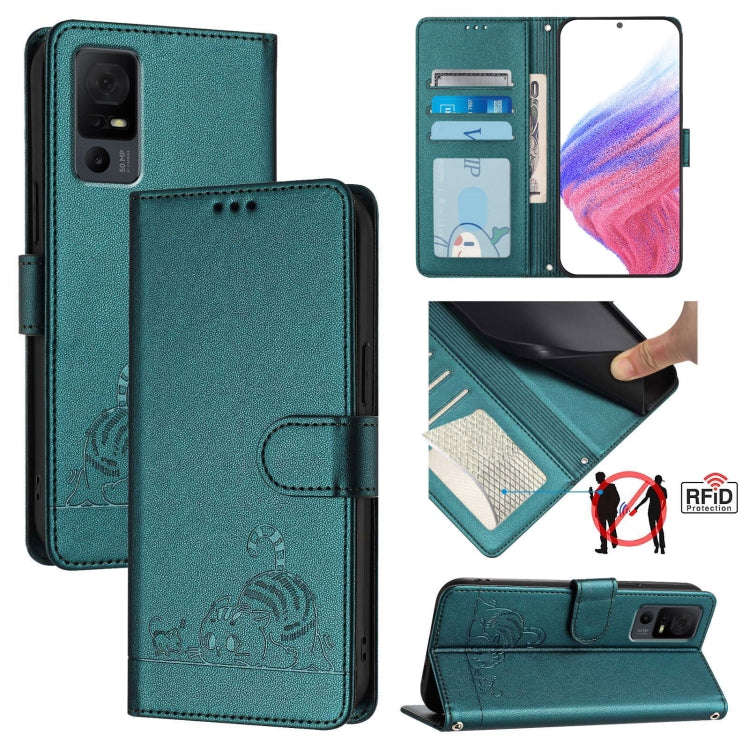 For TCL 40 XL / 40 T T608DL Cat Rat Embossed Pattern RFID Leather Phone Case with Lanyard(Peacock...