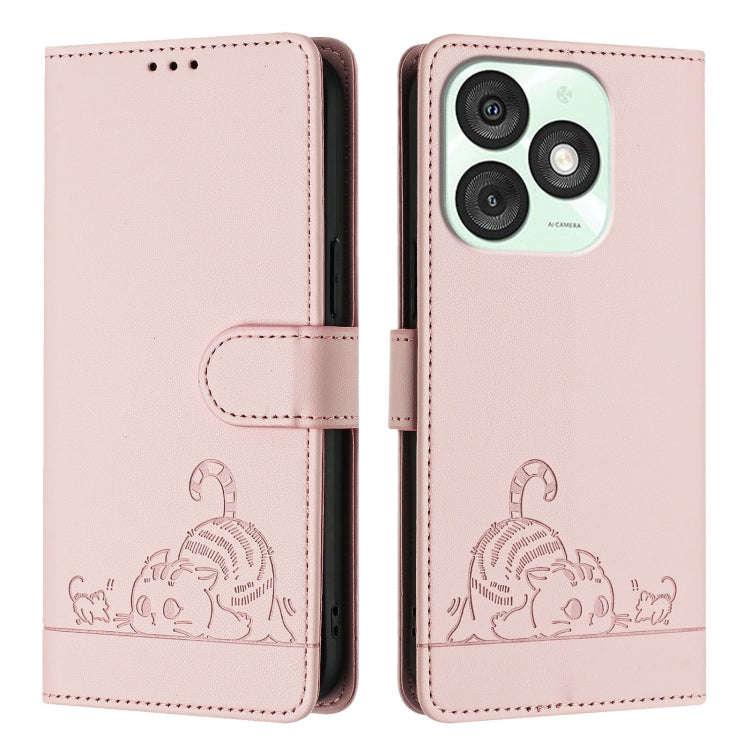 For itel A50 Cat Rat Embossed Pattern RFID Leather Phone Case with Lanyard(Pink)