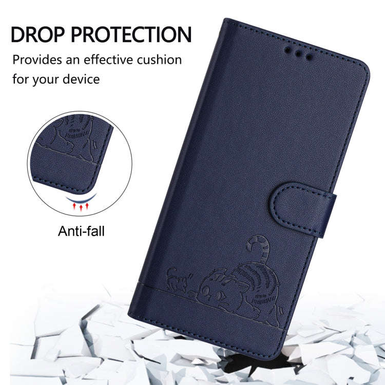For OnePlus Nord CE4 Lite Cat Rat Embossed Pattern RFID Leather Phone Case with Lanyard(Blue)