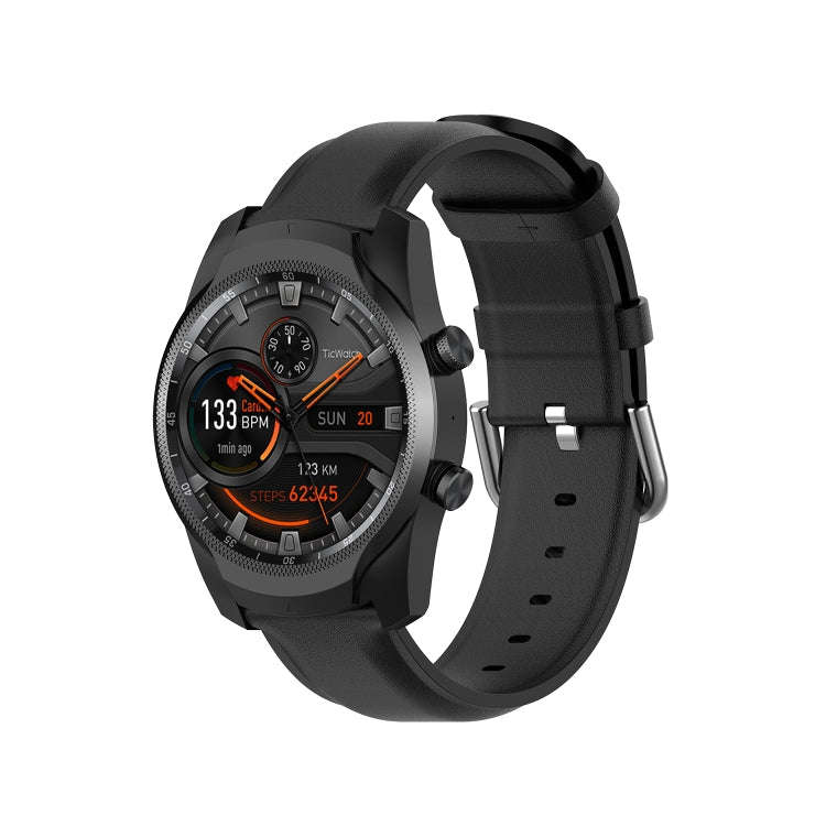 For Ticwatch Pro 2020 22mm Leather Watch Band with Round Tail Buckle(Black)