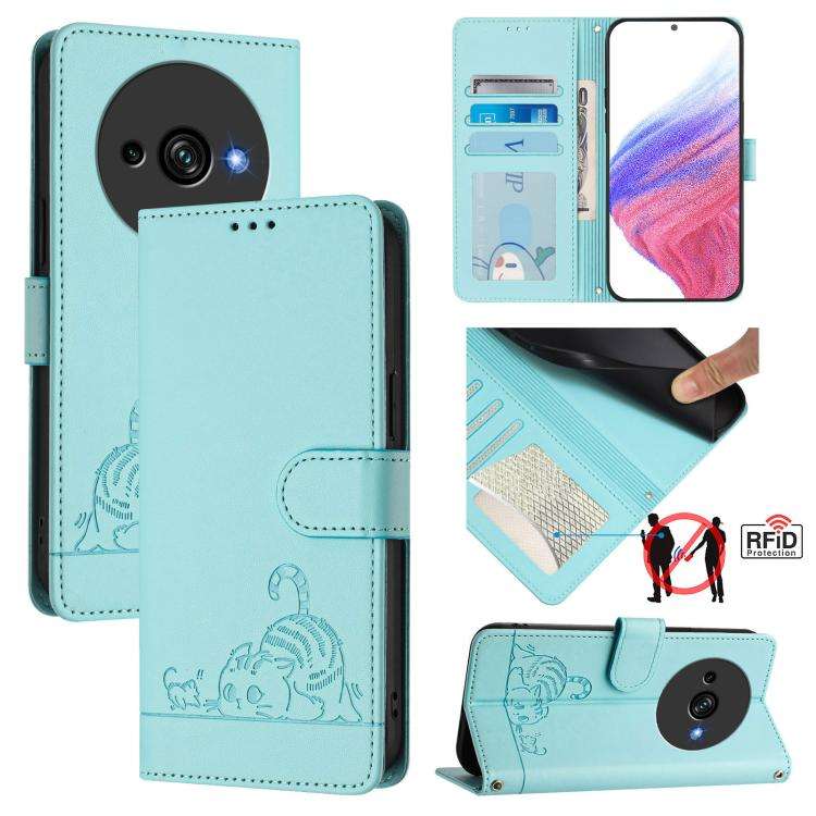 For Oukitel C59 / C59 Pro Cat Rat Embossed Pattern RFID Leather Phone Case with Lanyard(Mint Green)