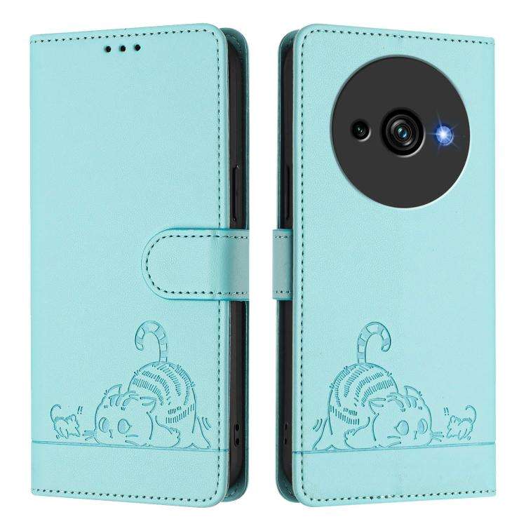For Oukitel C59 / C59 Pro Cat Rat Embossed Pattern RFID Leather Phone Case with Lanyard(Mint Green)