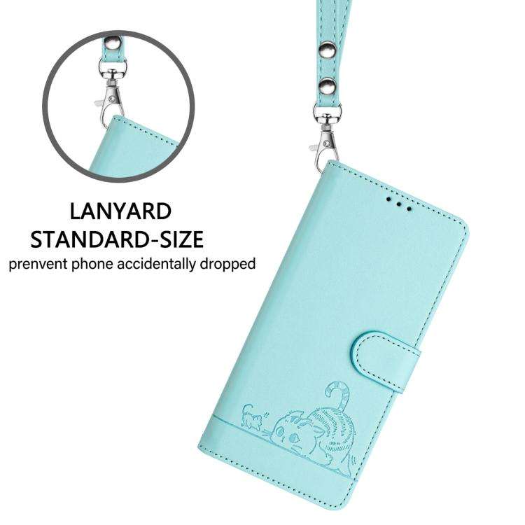 For Oukitel C59 / C59 Pro Cat Rat Embossed Pattern RFID Leather Phone Case with Lanyard(Mint Green)