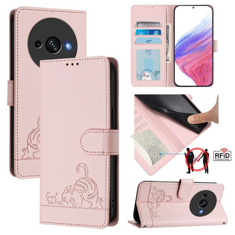 For Oukitel C59 / C59 Pro Cat Rat Embossed Pattern RFID Leather Phone Case with Lanyard(Pink)