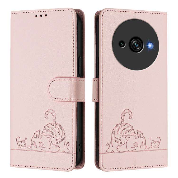 For Oukitel C59 / C59 Pro Cat Rat Embossed Pattern RFID Leather Phone Case with Lanyard(Pink)