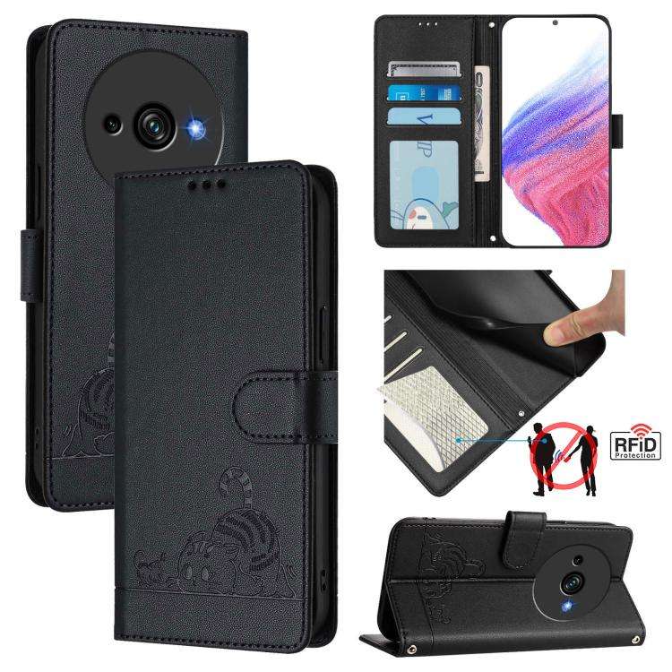 For Oukitel C59 / C59 Pro Cat Rat Embossed Pattern RFID Leather Phone Case with Lanyard(Black)
