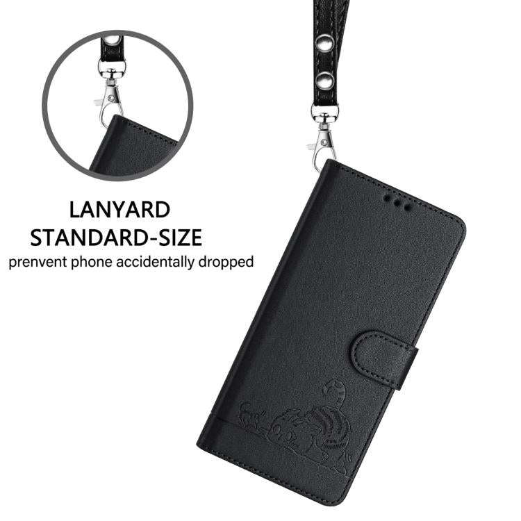 For Oukitel C59 / C59 Pro Cat Rat Embossed Pattern RFID Leather Phone Case with Lanyard(Black)
