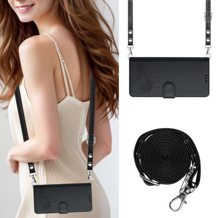 For Oukitel C59 / C59 Pro Cat Rat Embossed Pattern RFID Leather Phone Case with Lanyard(Black)