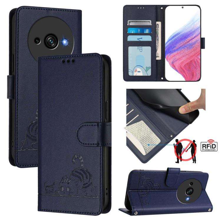 For Oukitel C59 / C59 Pro Cat Rat Embossed Pattern RFID Leather Phone Case with Lanyard(Blue)