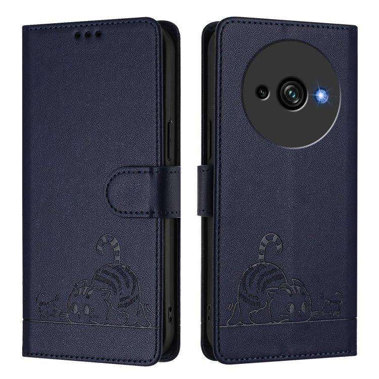For Oukitel C59 / C59 Pro Cat Rat Embossed Pattern RFID Leather Phone Case with Lanyard(Blue)