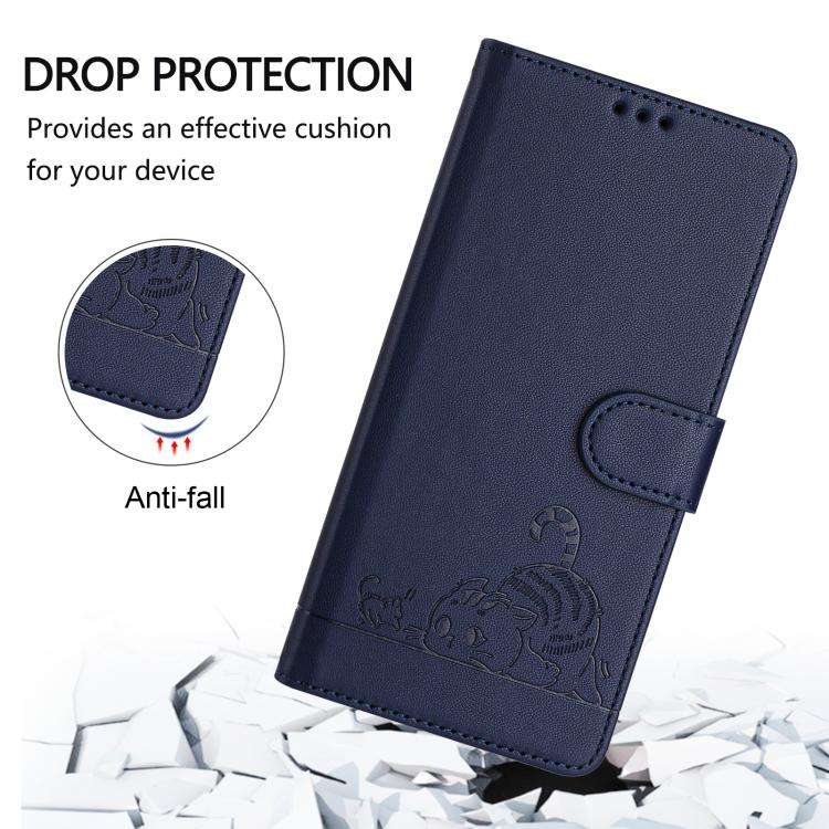 For Oukitel C59 / C59 Pro Cat Rat Embossed Pattern RFID Leather Phone Case with Lanyard(Blue)