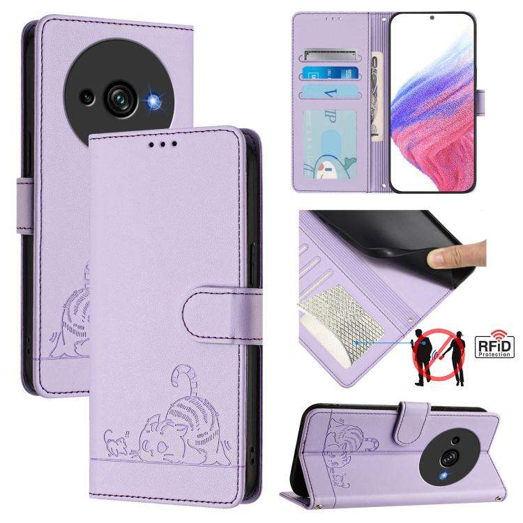 For Oukitel C59 / C59 Pro Cat Rat Embossed Pattern RFID Leather Phone Case with Lanyard(Purple)