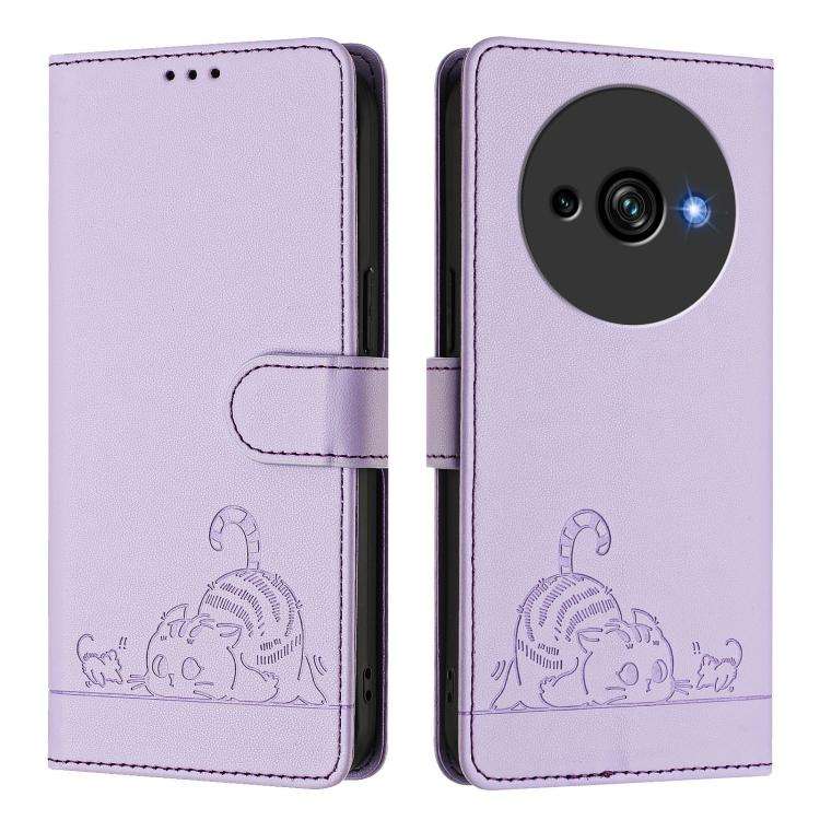 For Oukitel C59 / C59 Pro Cat Rat Embossed Pattern RFID Leather Phone Case with Lanyard(Purple)