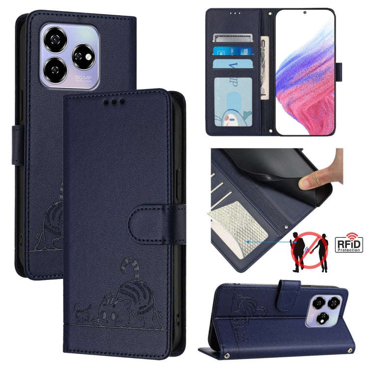 For ZTE Blade V60 / Axon 60 4G Cat Rat Embossed Pattern RFID Leather Phone Case with Lanyard(Blue)