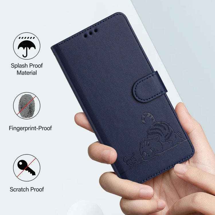 For ZTE Blade V60 / Axon 60 4G Cat Rat Embossed Pattern RFID Leather Phone Case with Lanyard(Blue)