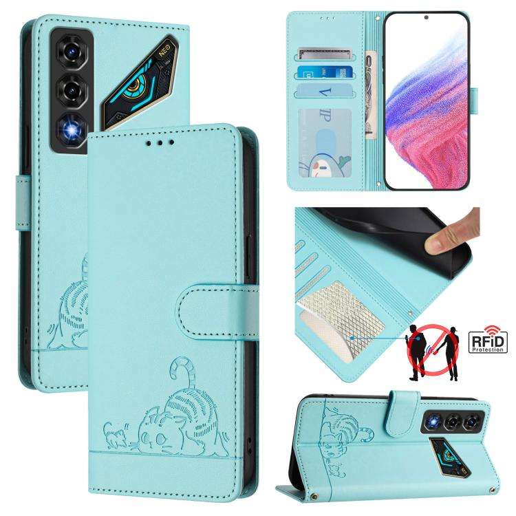 For ZTE nubia Neo 5 5G Cat Rat Embossed Pattern RFID Leather Phone Case with Lanyard(Mint Green)